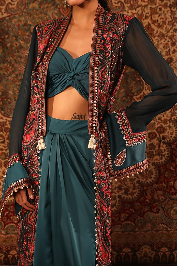 Teal Satin Embroidered Jacket Set by Aditi Gupta at Pernia's Pop Up Shop