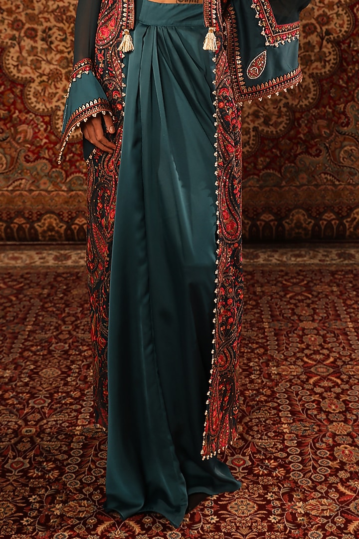 Teal Satin Embroidered Jacket Set by Aditi Gupta at Pernia's Pop Up Shop