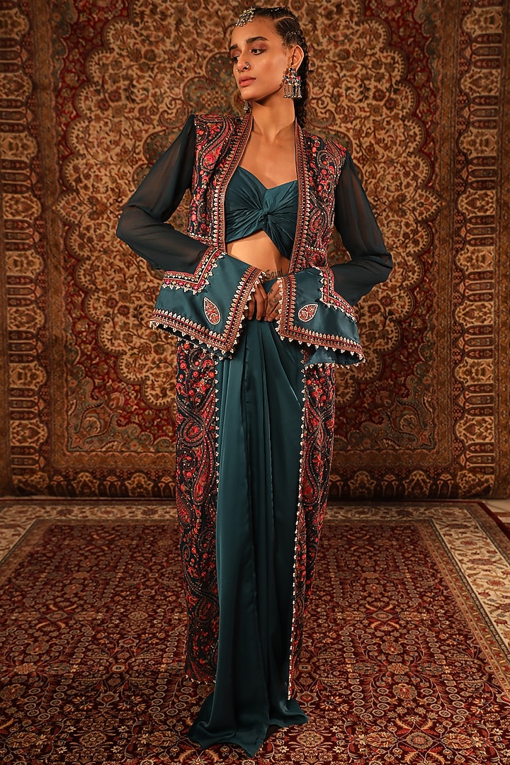Teal Satin Embroidered Jacket Set by Aditi Gupta at Pernia's Pop Up Shop