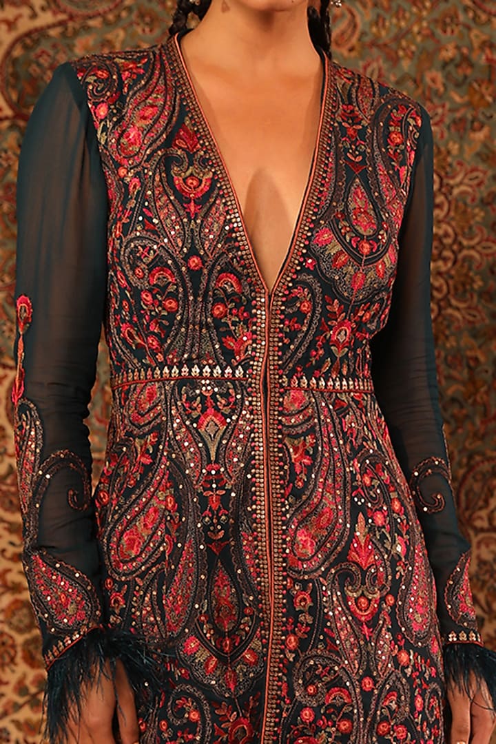 Teal Satin Embroidered Jacket Set by Aditi Gupta at Pernia's Pop Up Shop