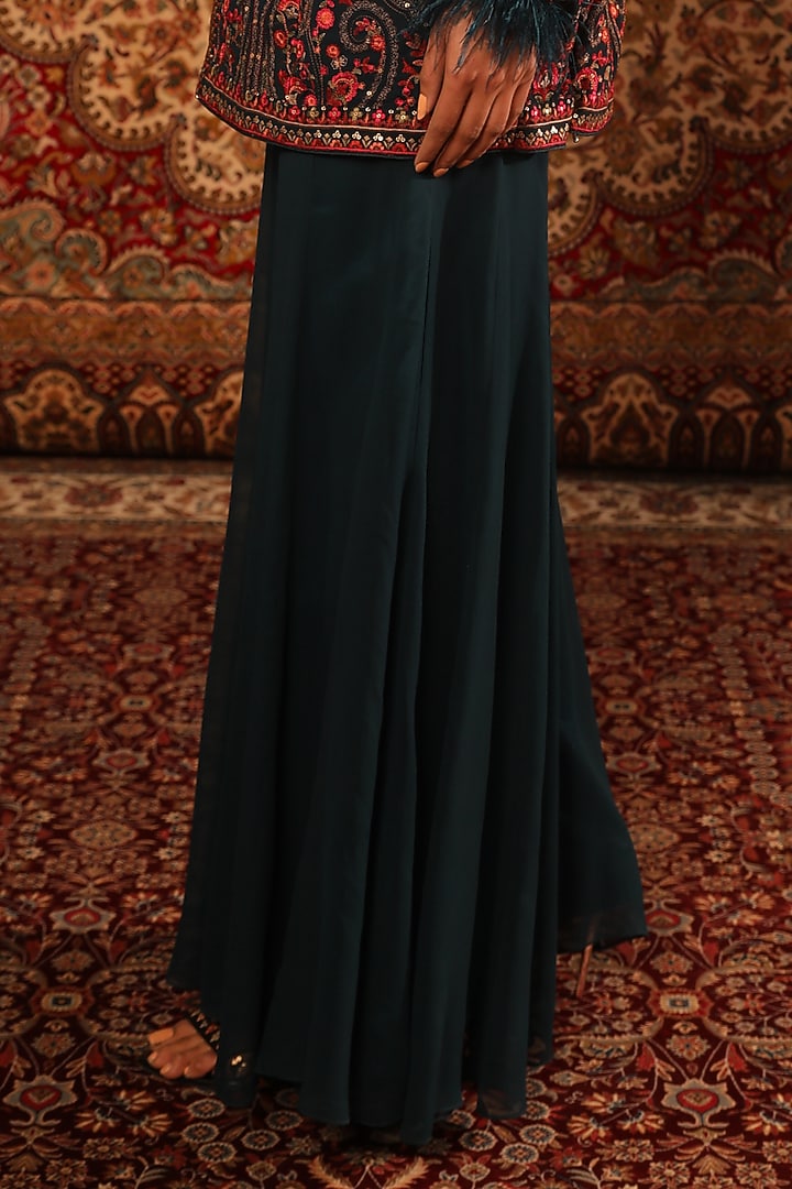 Teal Satin Embroidered Jacket Set by Aditi Gupta at Pernia's Pop Up Shop