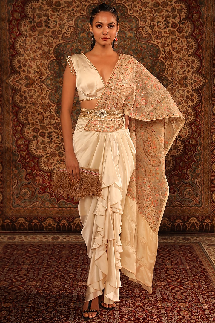 Ivory Satin Embroidered Draped Skirt Saree Set by Aditi Gupta