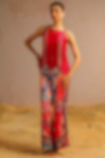 Hot Pink Georgette Satin Motif Printed Pant Set by Aditi Gupta at Pernia's Pop Up Shop