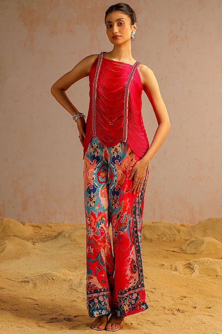 Hot Pink Georgette Satin Motif Printed Pant Set by Aditi Gupta at Pernia's Pop Up Shop