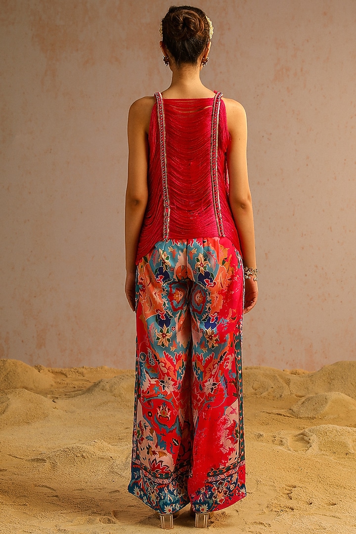 Hot Pink Georgette Satin Motif Printed Pant Set by Aditi Gupta at Pernia's Pop Up Shop