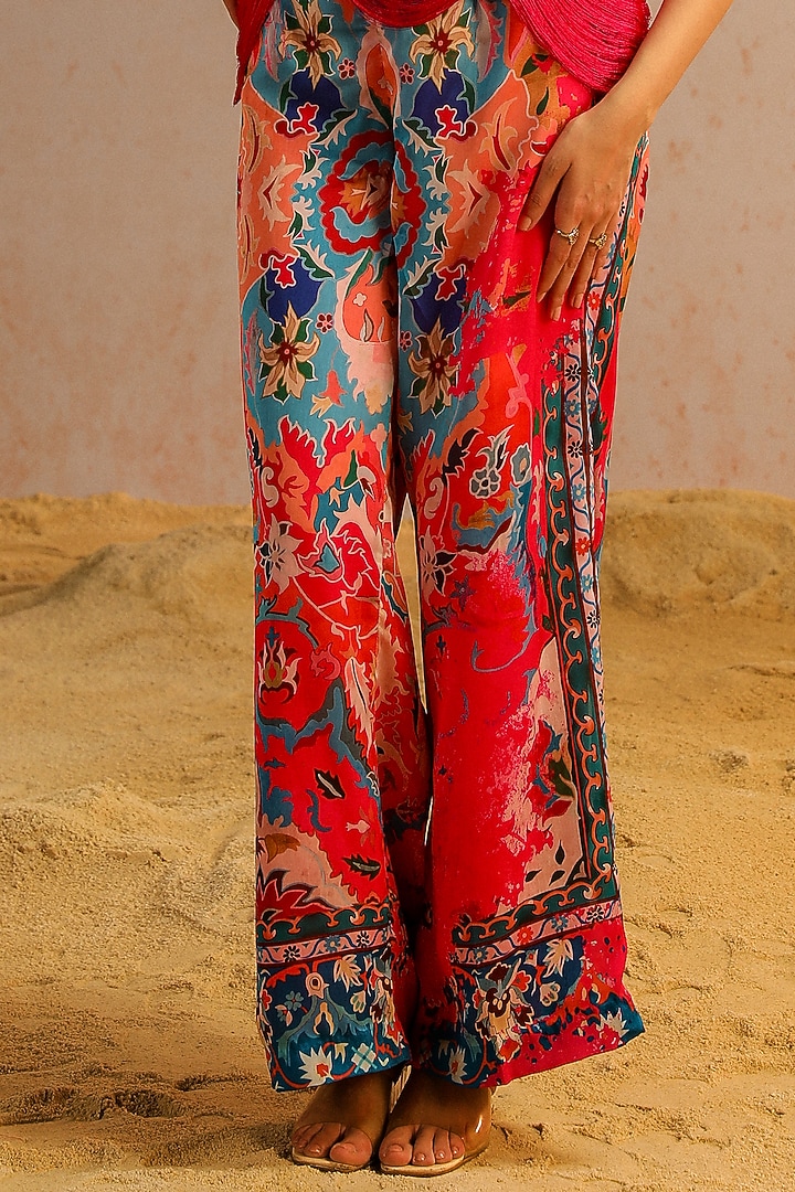 Hot Pink Georgette Satin Motif Printed Pant Set by Aditi Gupta at Pernia's Pop Up Shop