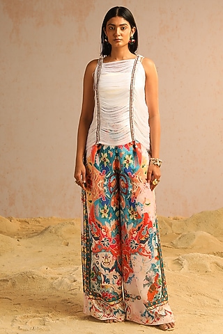 Ivory Georgette Satin Motif Printed Pant Set by Aditi Gupta