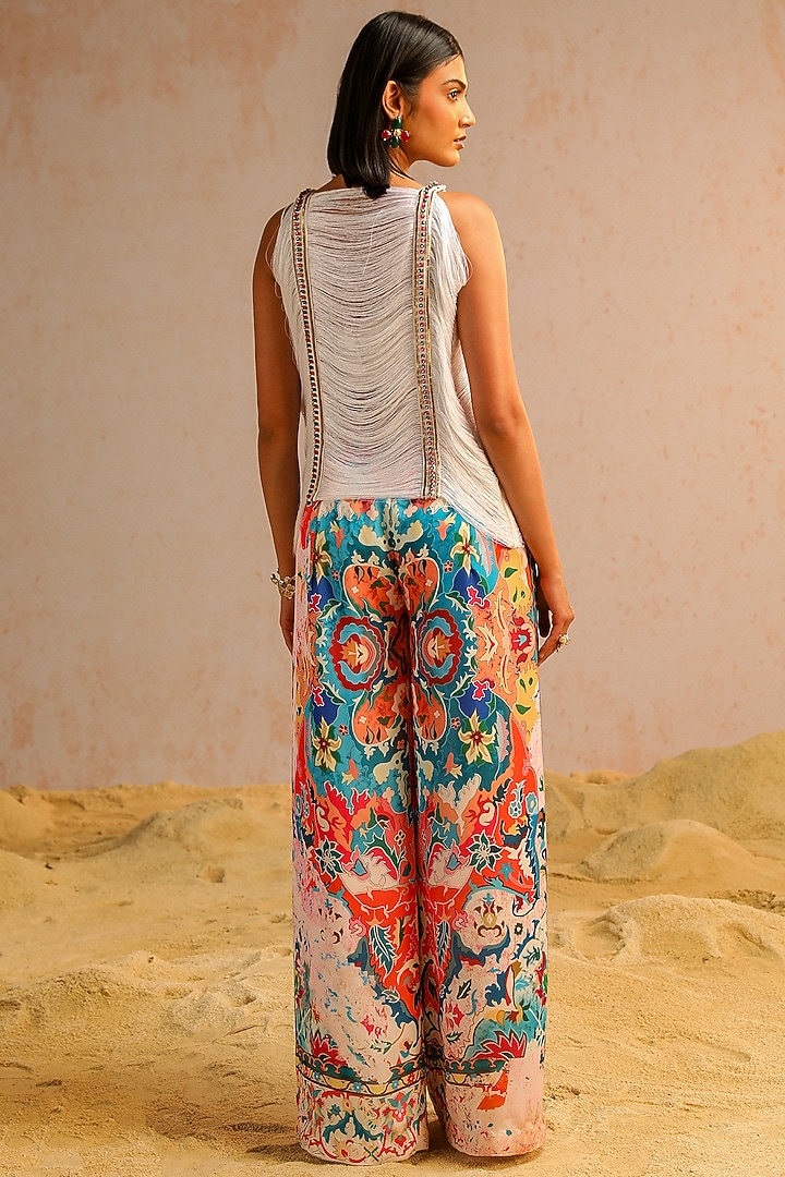 Ivory Georgette Satin Motif Printed Pant Set by Aditi Gupta at Pernia's Pop Up Shop