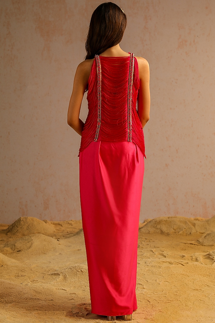 Hot Pink Georgette Satin Aari Embroidered Draped Skirt Set by Aditi Gupta at Pernia's Pop Up Shop