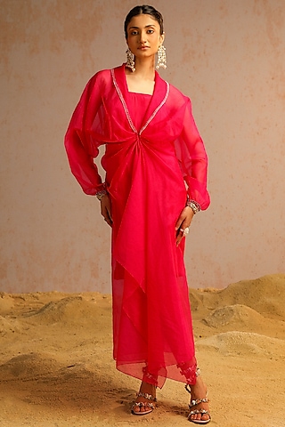 Hot Pink Crepe & Organza Jacket Spaghetti Dress by Aditi Gupta