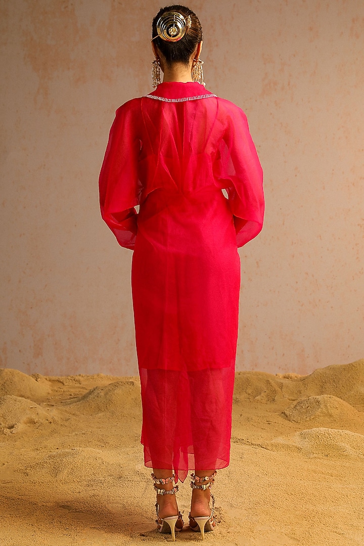 Hot Pink Crepe & Organza Jacket Spaghetti Vacation Dress by Aditi Gupta at Pernia's Pop Up Shop