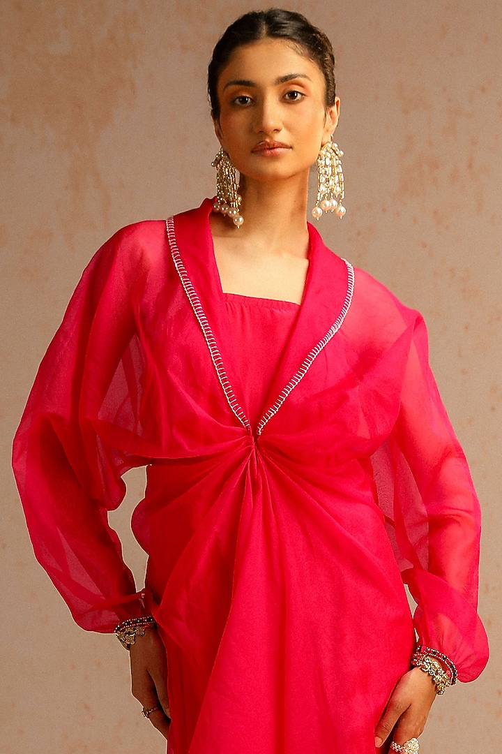 Hot Pink Crepe & Organza Jacket Spaghetti Vacation Dress by Aditi Gupta at Pernia's Pop Up Shop