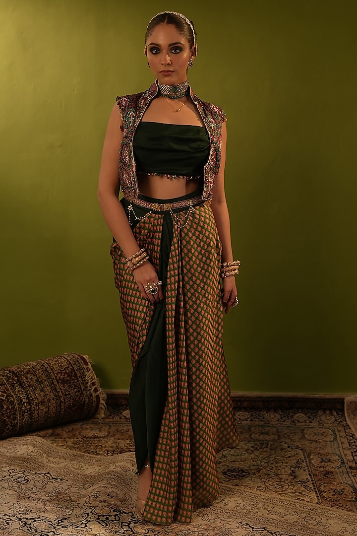 Green Satin Georgette Printed & Zardosi Work Draped Skirt Set by Aditi Gupta