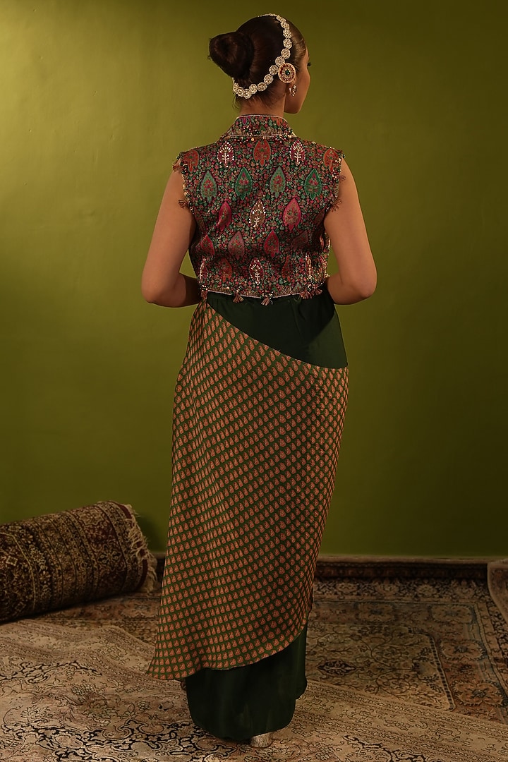 Green Satin Georgette Printed & Zardosi Work Draped Skirt Set by Aditi Gupta at Pernia's Pop Up Shop