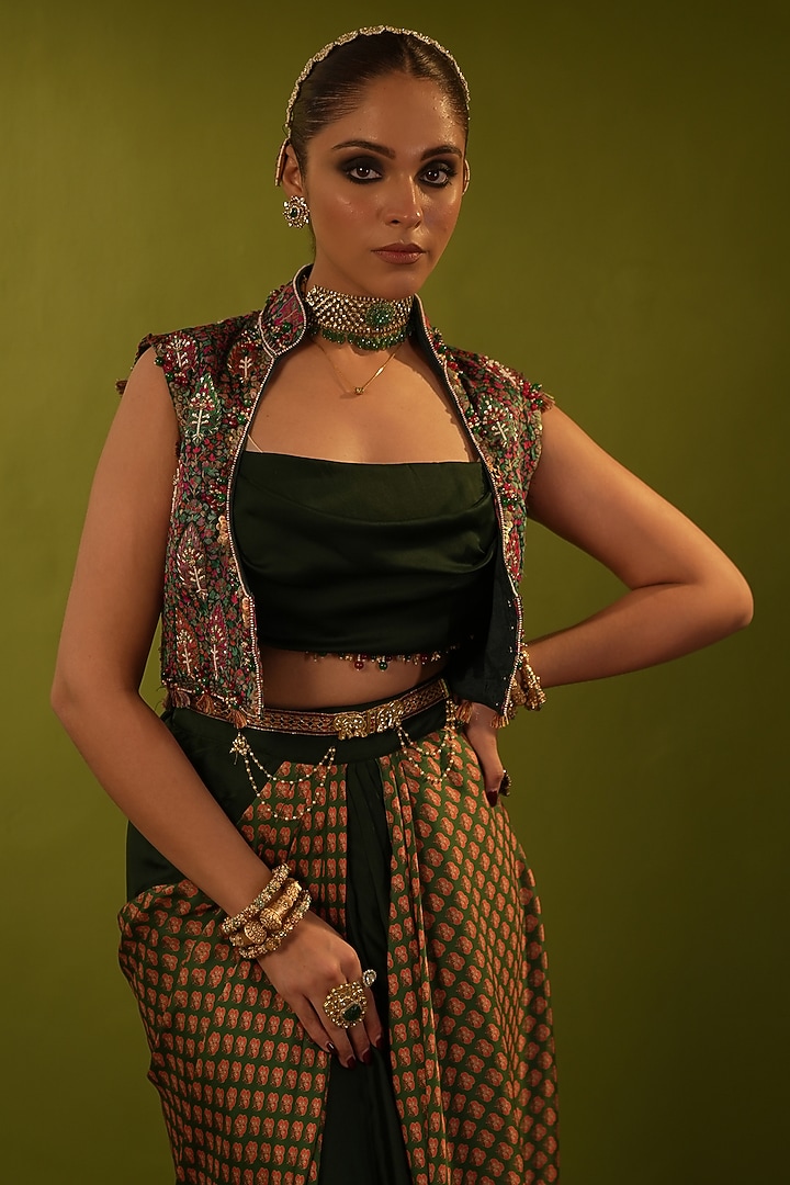 Green Satin Georgette Printed & Zardosi Work Draped Skirt Set by Aditi Gupta at Pernia's Pop Up Shop