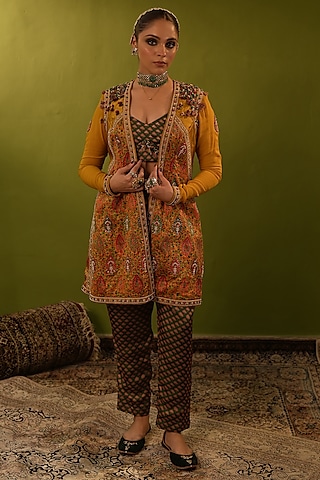 Mustard Satin Georgette Sequins Work Jacket Set by Aditi Gupta