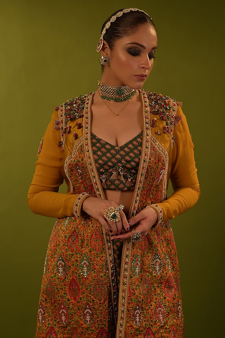 Mustard Satin Georgette Sequins Work Jacket Set by Aditi Gupta at Pernia's Pop Up Shop