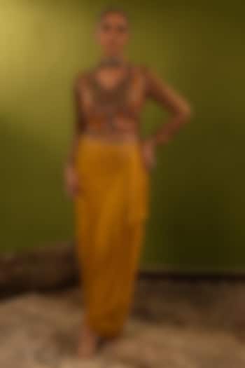 Mustard Yellow Silk Satin Draped Skirt Set by Aditi Gupta