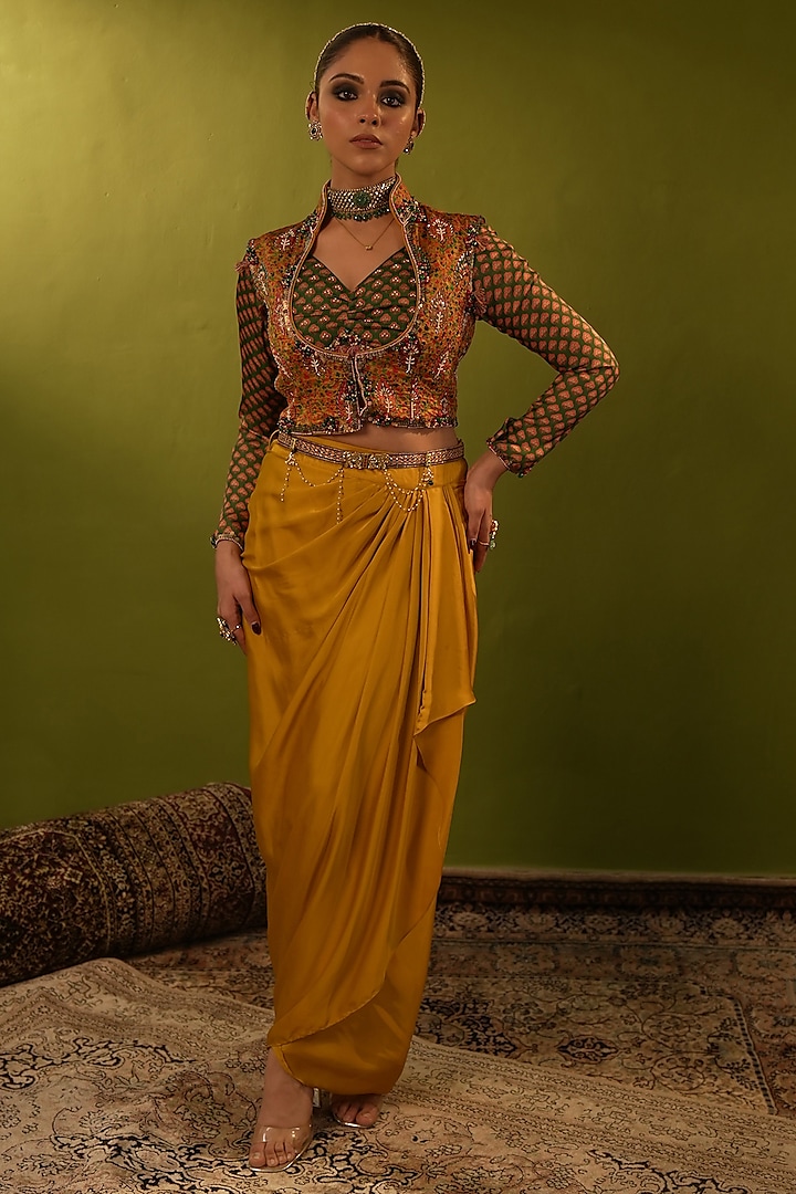 Mustard Yellow Silk Satin Draped Skirt Set by Aditi Gupta
