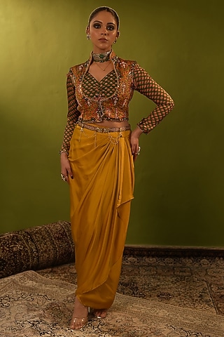 Mustard Yellow Silk Satin Draped Skirt Set by Aditi Gupta