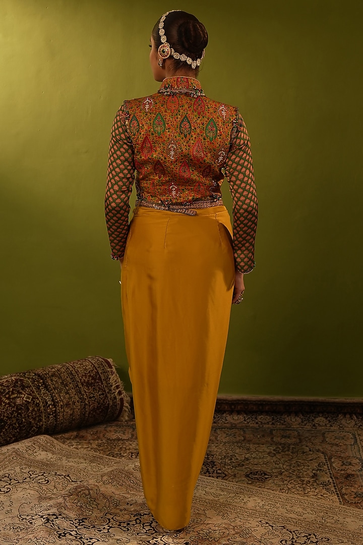 Mustard Yellow Silk Satin Draped Skirt Set by Aditi Gupta at Pernia's Pop Up Shop