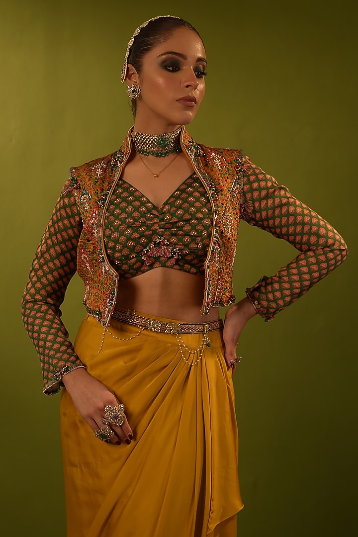 Mustard Yellow Silk Satin Draped Skirt Set by Aditi Gupta at Pernia's Pop Up Shop