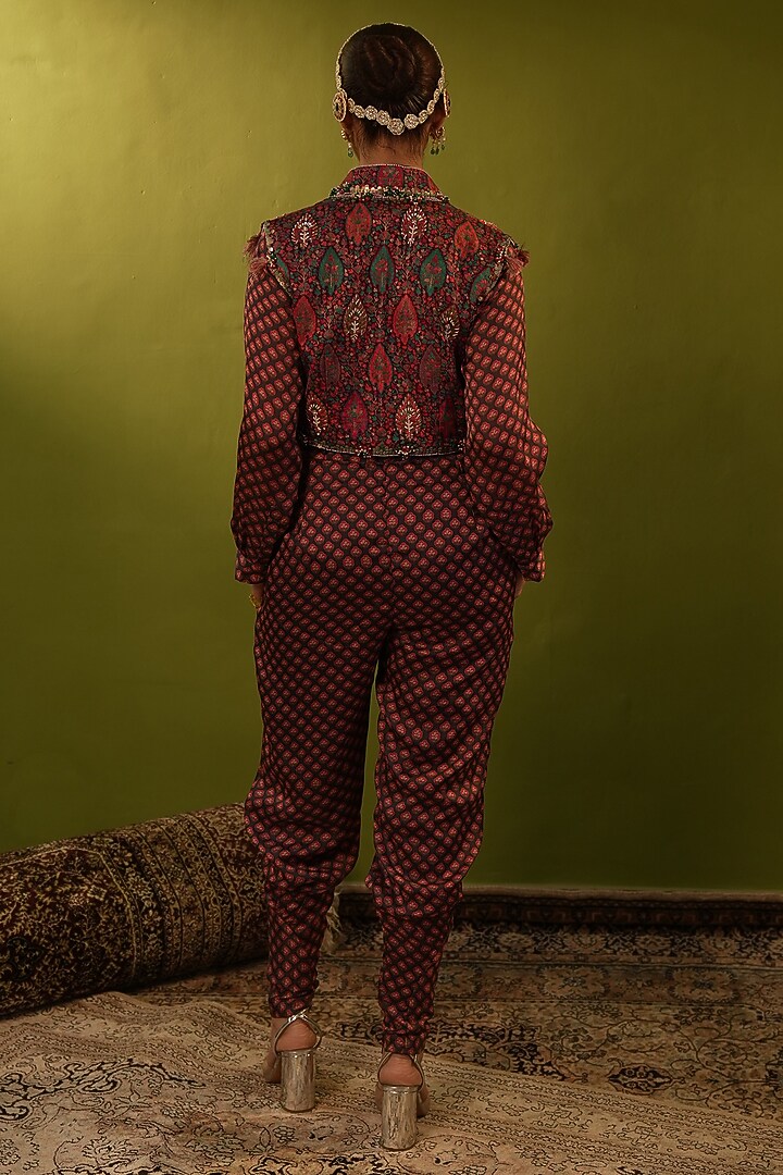 Maroon Satin Aari Work Jumpsuit With Belt by Aditi Gupta at Pernia's Pop Up Shop