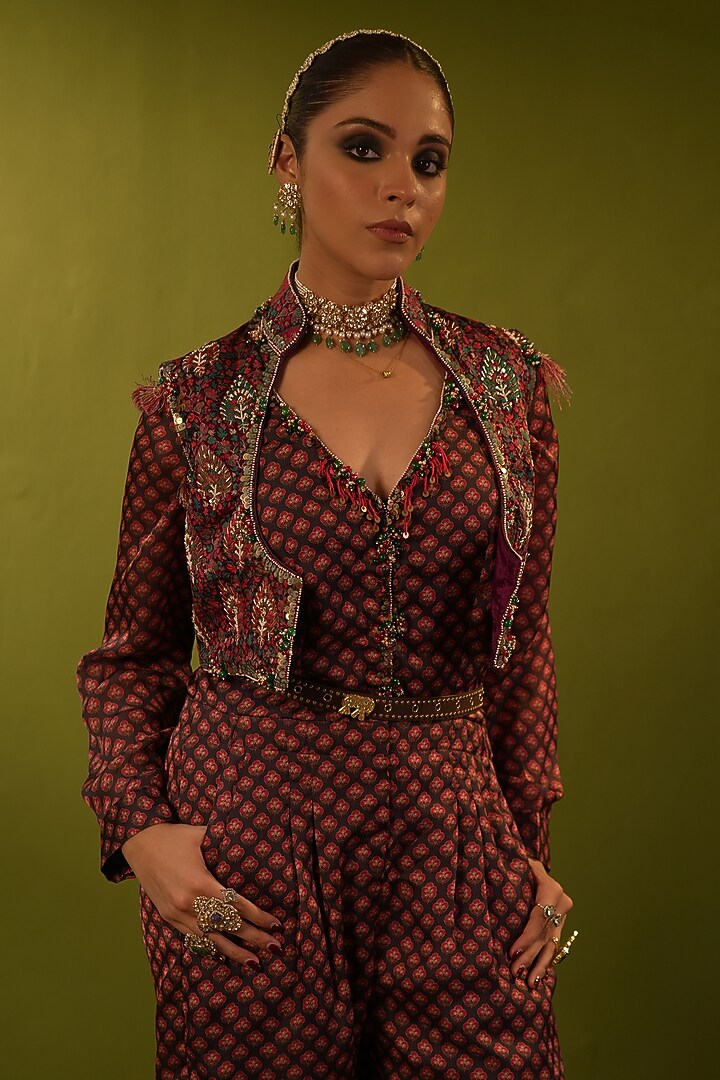 Maroon Satin Aari Work Jumpsuit With Belt by Aditi Gupta at Pernia's Pop Up Shop