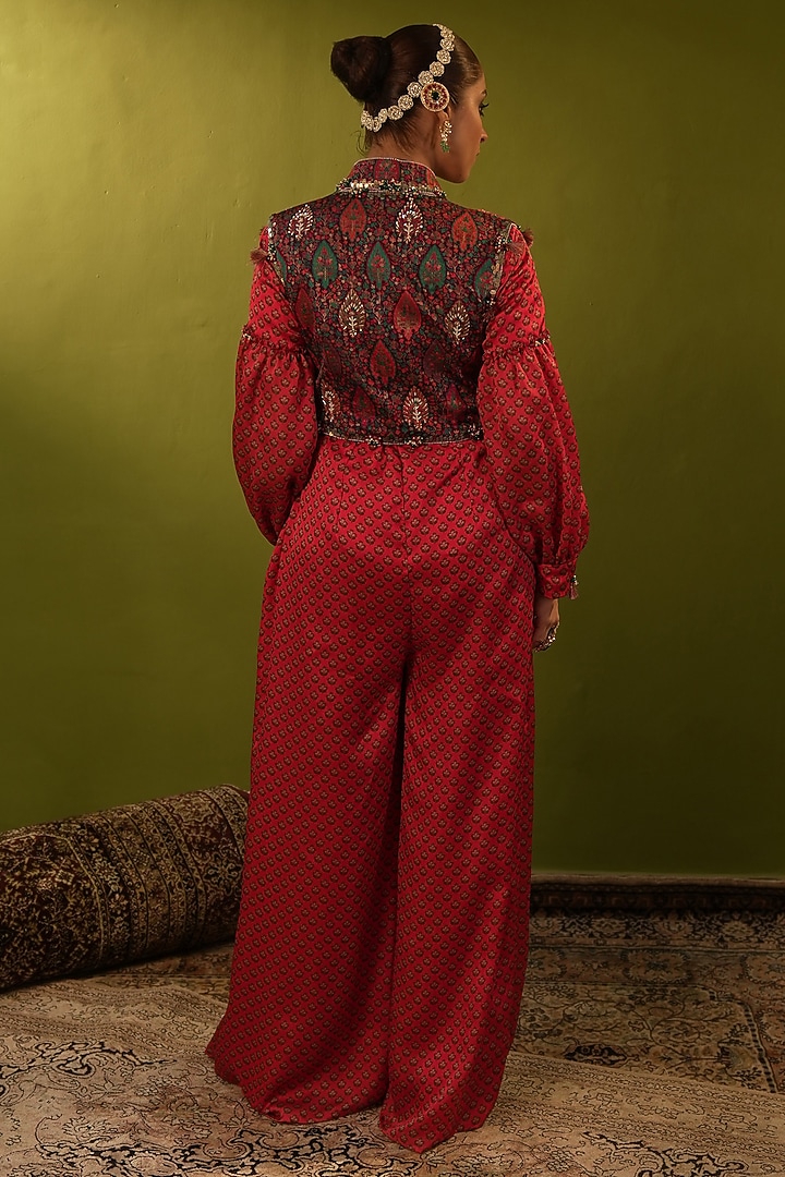 Red Satin Georgette Pearl Work Jumpsuit by Aditi Gupta at Pernia's Pop Up Shop