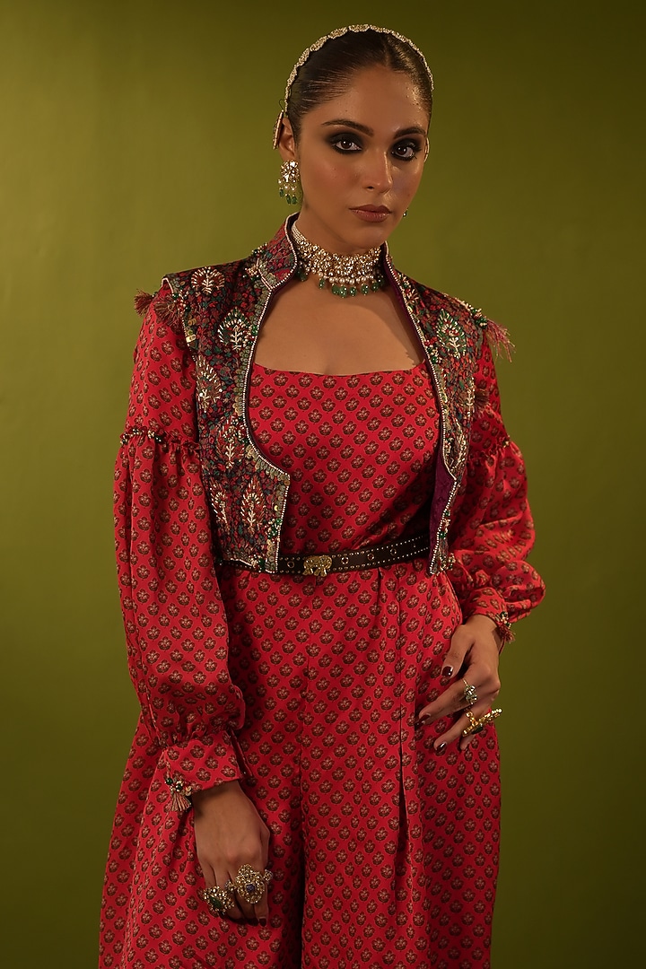 Red Satin Georgette Pearl Work Jumpsuit by Aditi Gupta at Pernia's Pop Up Shop
