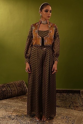 Green Satin Georgette Pearl Work Jumpsuit by Aditi Gupta