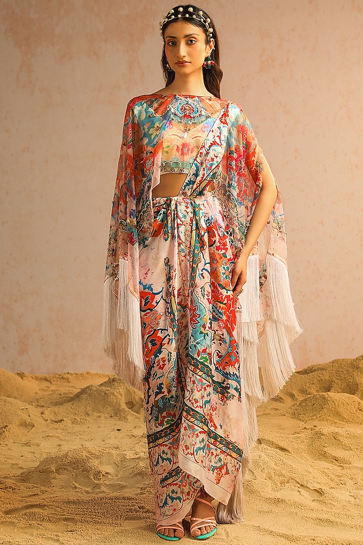 Ivory Georgette Satin Motif Printed Draped Jacket Saree Set by Aditi Gupta at Pernia's Pop Up Shop