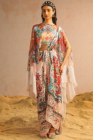 Ivory Georgette Satin Motif Printed Draped Jacket Saree Set by Aditi Gupta
