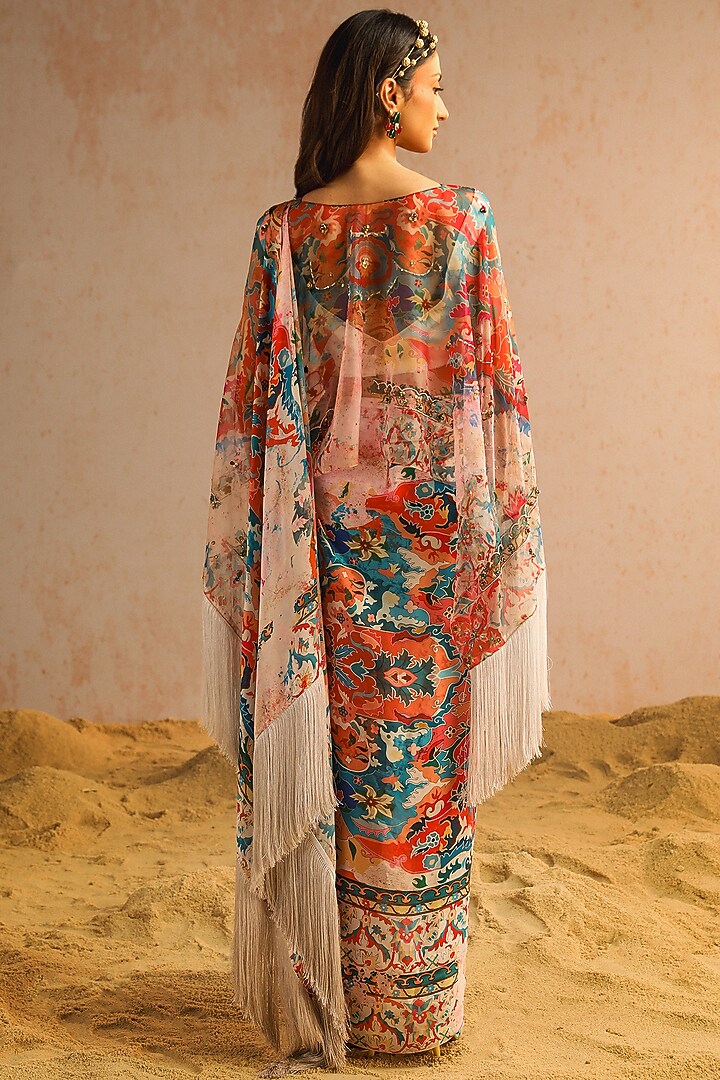 Ivory Georgette Satin Motif Printed Draped Jacket Wedding Saree Set by Aditi Gupta at Pernia's Pop Up Shop
