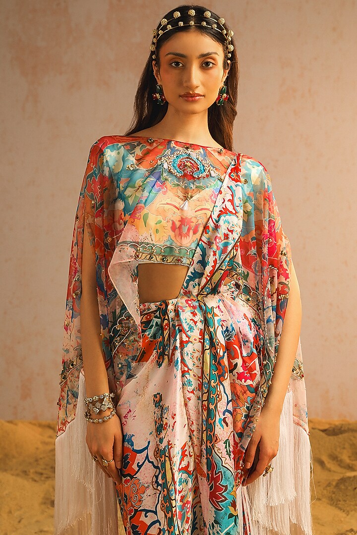 Ivory Georgette Satin Motif Printed Draped Jacket Wedding Saree Set by Aditi Gupta at Pernia's Pop Up Shop