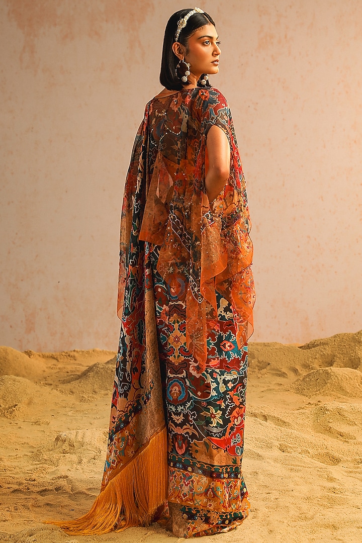 Mustard Yellow Georgette Satin Motif Printed Draped Jacket Wedding Saree Set by Aditi Gupta at Pernia's Pop Up Shop
