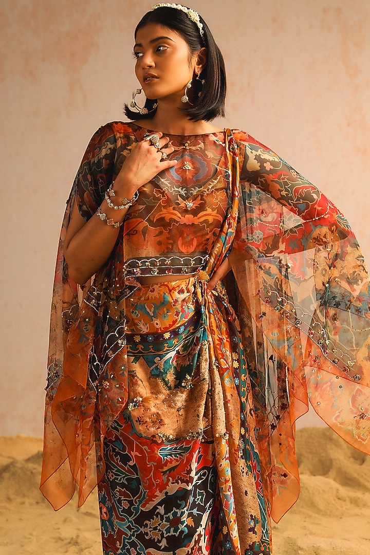 Mustard Yellow Georgette Satin Motif Printed Draped Jacket Wedding Saree Set by Aditi Gupta at Pernia's Pop Up Shop