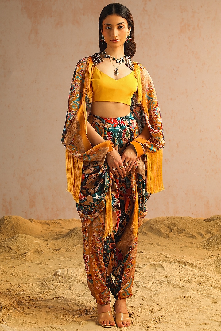 Mustard Yellow Georgette Satin Motif Printed & Sequins Work Cape Set by Aditi Gupta at Pernia's Pop Up Shop