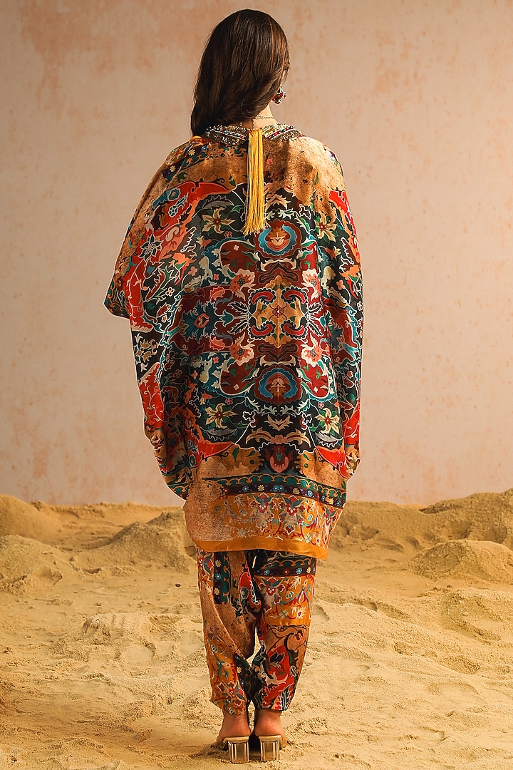 Mustard Yellow Georgette Satin Motif Printed & Sequins Work Cape Set by Aditi Gupta at Pernia's Pop Up Shop