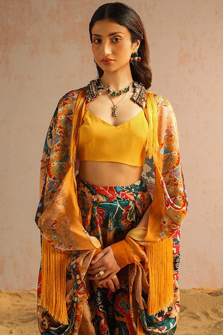 Mustard Yellow Georgette Satin Motif Printed & Sequins Work Cape Set by Aditi Gupta at Pernia's Pop Up Shop