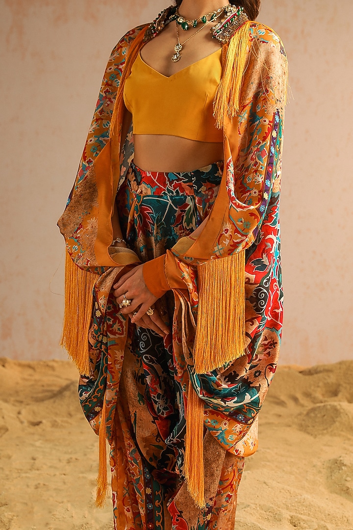 Mustard Yellow Georgette Satin Motif Printed & Sequins Work Cape Set by Aditi Gupta at Pernia's Pop Up Shop