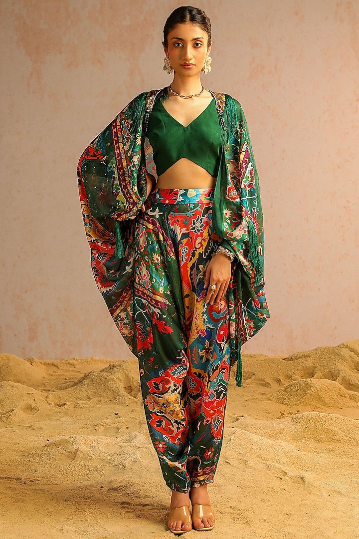 Green Georgette Satin Motif Printed & Sequins Work Cape Set by Aditi Gupta at Pernia's Pop Up Shop