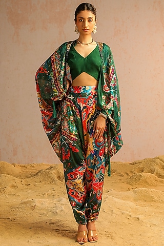 Green Georgette Satin Motif Printed & Sequins Work Cape Set by Aditi Gupta