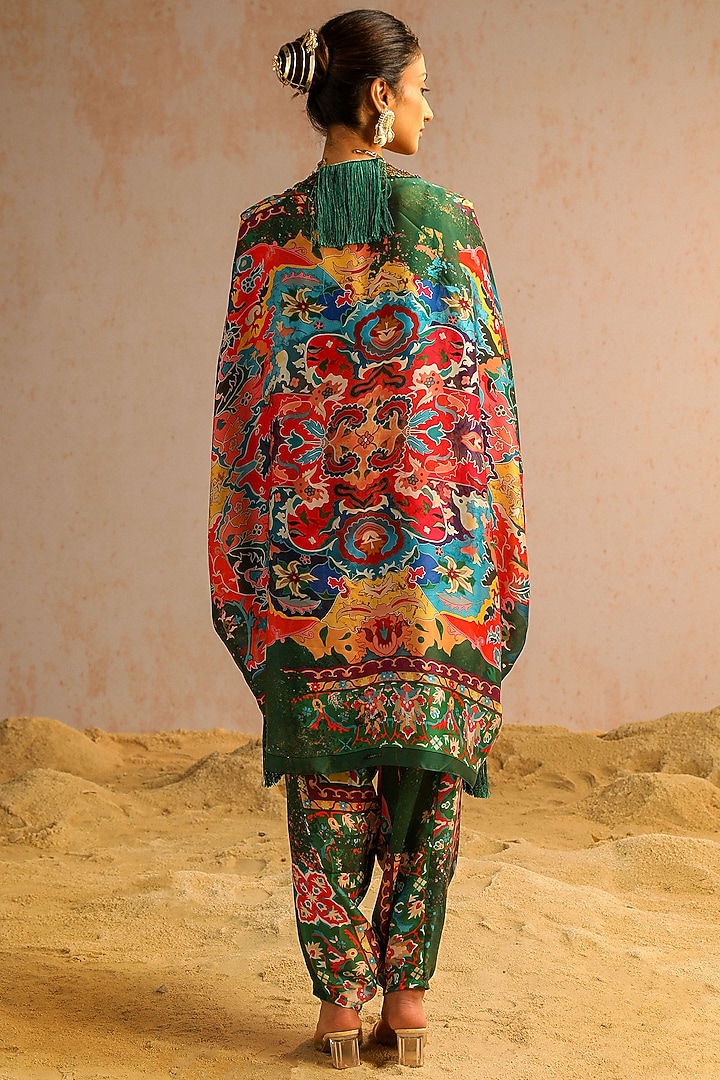 Green Georgette Satin Motif Printed & Sequins Work Cape Set by Aditi Gupta at Pernia's Pop Up Shop