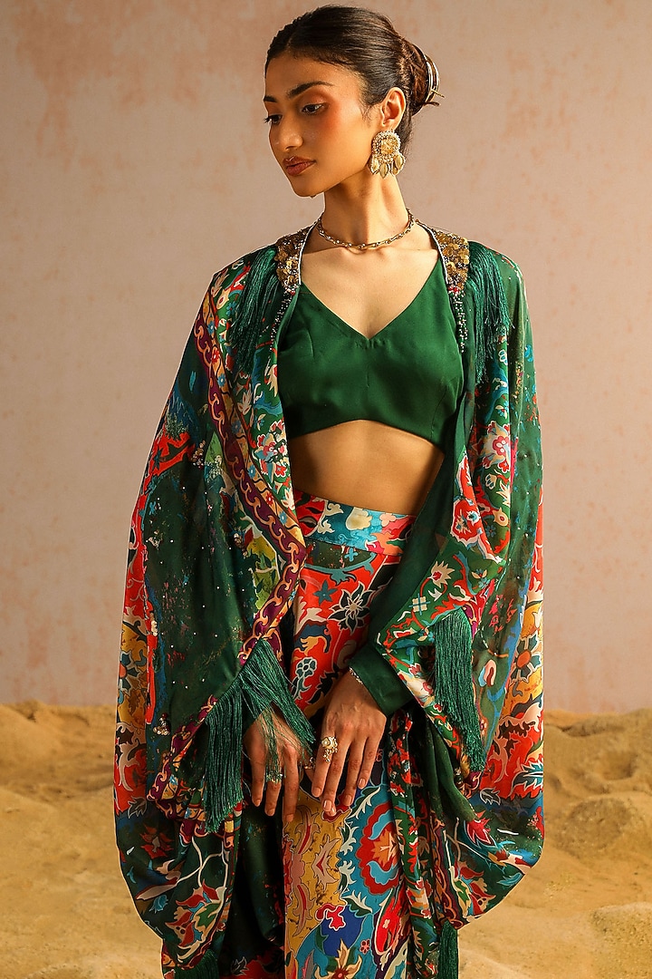 Green Georgette Satin Motif Printed & Sequins Work Cape Set by Aditi Gupta at Pernia's Pop Up Shop