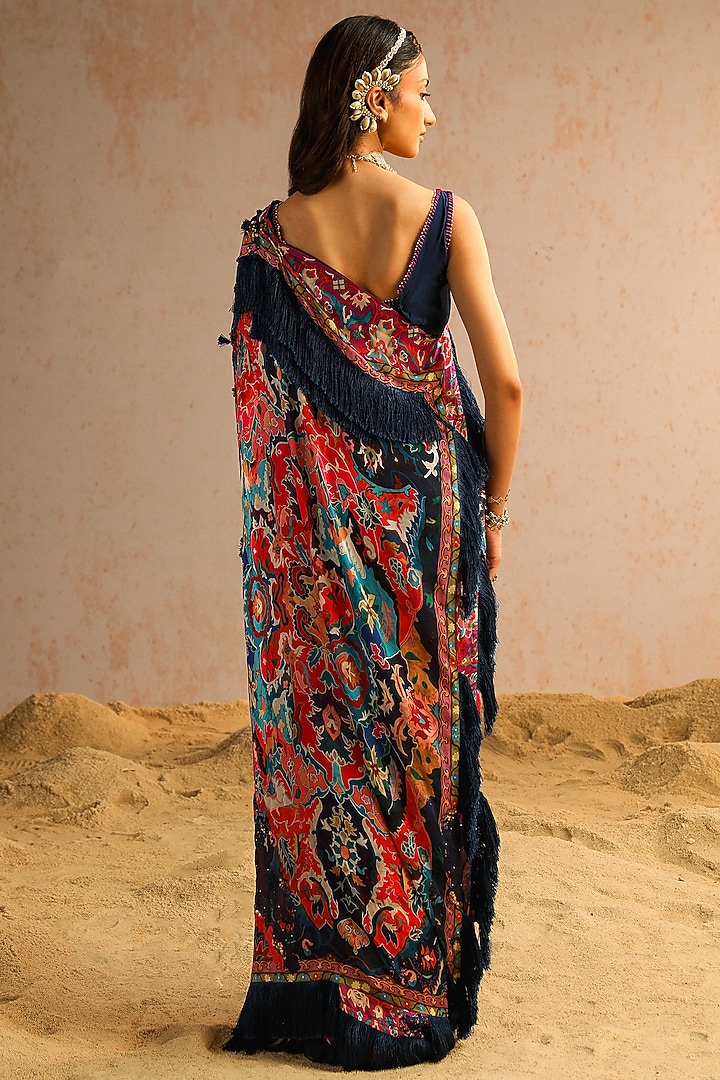Blue Georgette Satin & Organza Motif Printed Draped Wedding Saree Set by Aditi Gupta at Pernia's Pop Up Shop