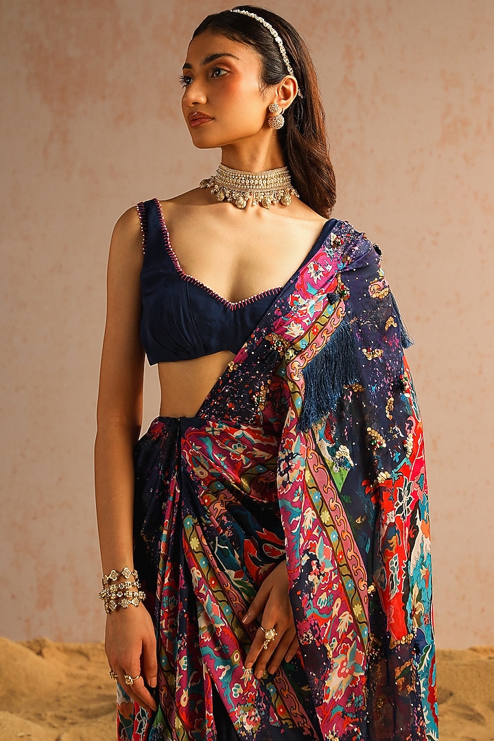 Blue Georgette Satin & Organza Motif Printed Draped Wedding Saree Set by Aditi Gupta at Pernia's Pop Up Shop