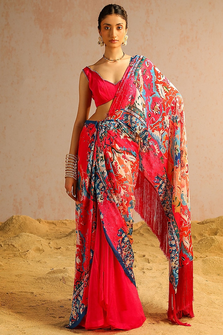 Hot Pink Georgette Satin & Organza Motif Printed Draped Saree Set by Aditi Gupta at Pernia's Pop Up Shop