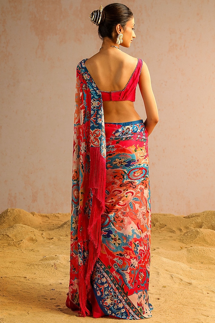 Hot Pink Georgette Satin & Organza Motif Printed Draped Wedding Saree Set by Aditi Gupta at Pernia's Pop Up Shop