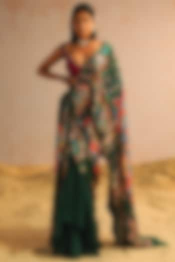 Green Georgette Satin & Organza Motif Printed Draped Saree Set by Aditi Gupta at Pernia's Pop Up Shop